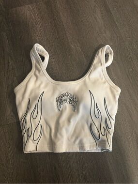Kill Crew White Ribbed Crop Tank with Black Flame Motif